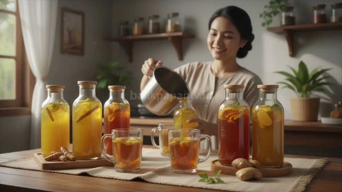 Minuman herbal botol kaca atau gelas reusable
