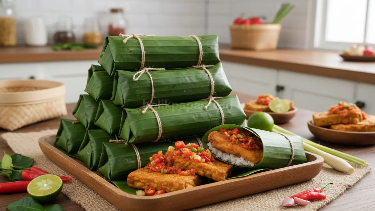 Nasi bungkus dengan tempe mendoan dan sambel yang dibungkus daun pisang bentuk unik