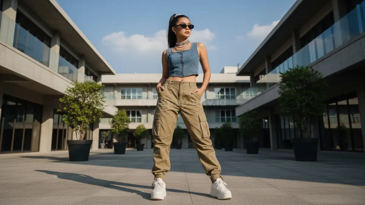 Outfit Y2K modern dengan crop top dan cargo pants di ruang urban
