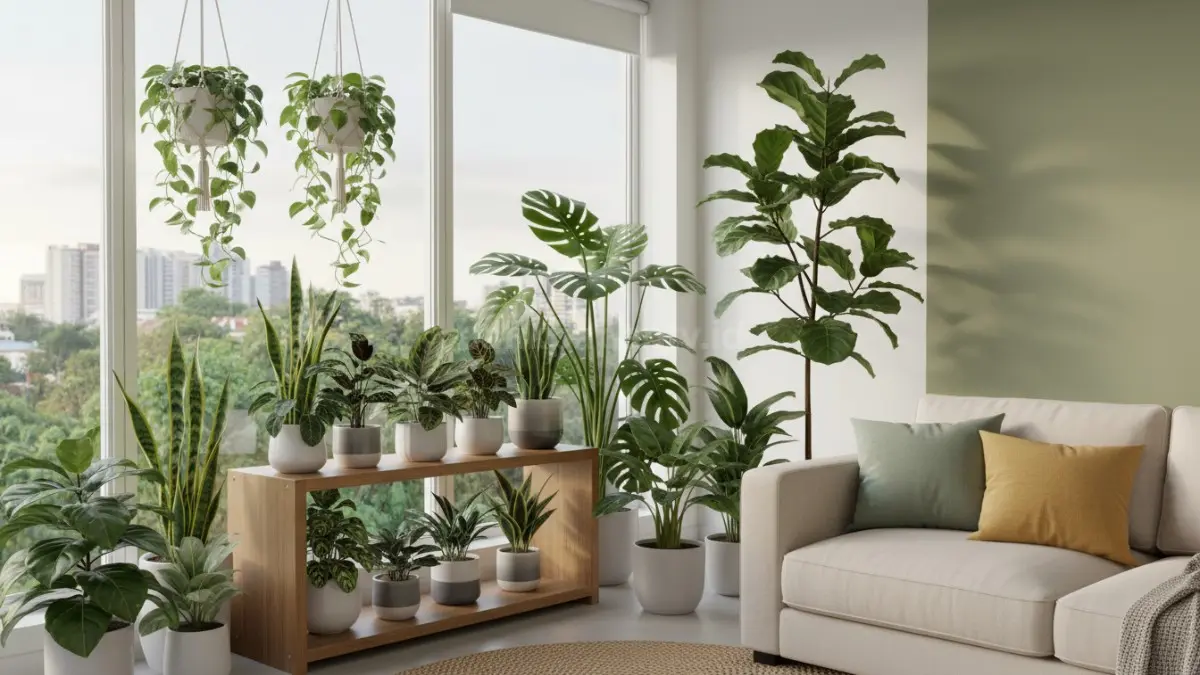 Penataan tanaman indoor di sudut ruang tamu kecil
