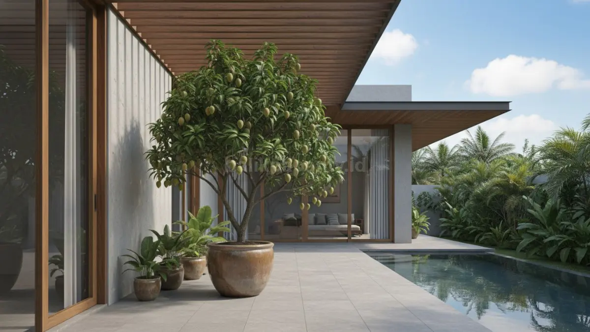 pohon mangga dalam pot besar di teras rumah minimalis
