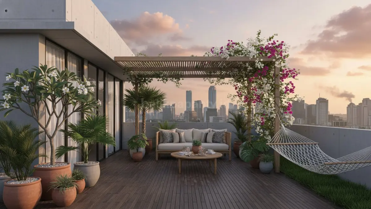 Rooftop garden modern di rumah tropis dengan area santai dan tanaman hijau