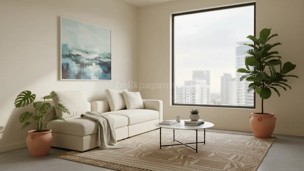 Ruang tamu apartemen kecil dengan tanaman indoor dan cahaya alami
