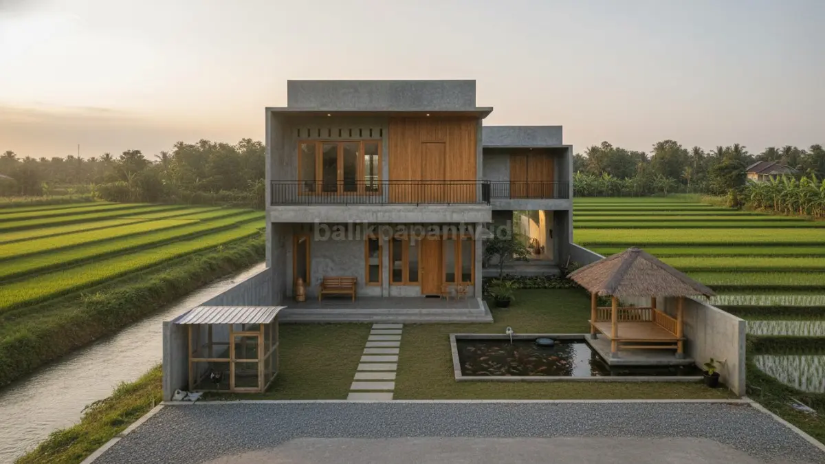 Rumah dua lantai di desa dengan teras lebar dan kolam ikan dan gazebo