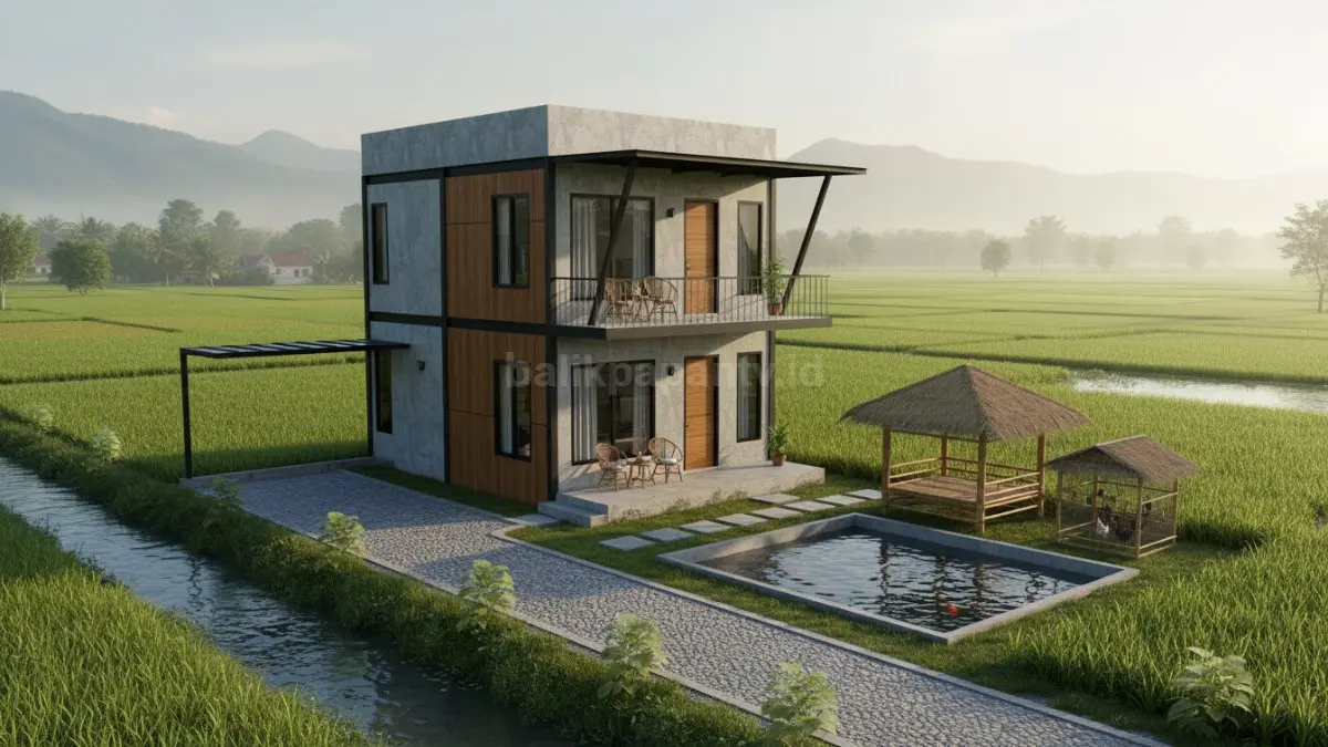 Rumah industrial ringan dengan balkon terbuka