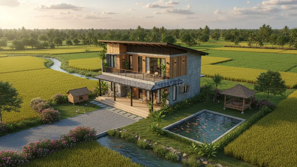 Rumah tropis modern dengan teras depan memanjang