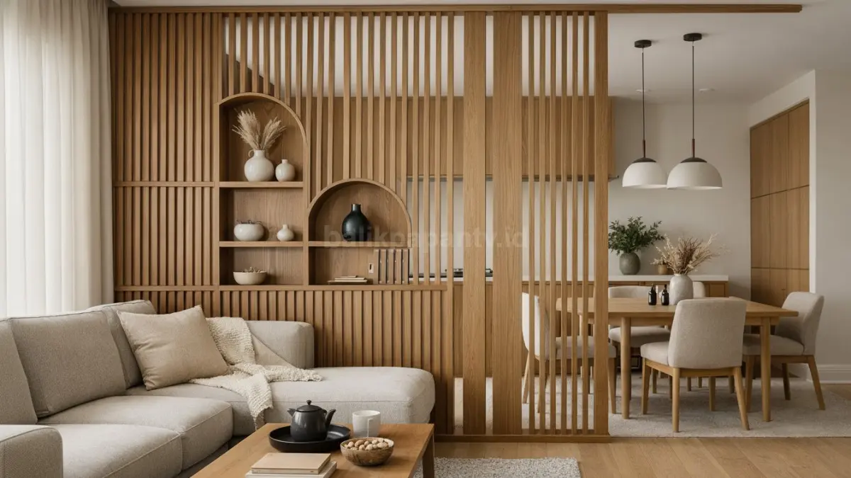 Sekat ruangan model partisi kayu atau panel dekoratif yang membagi ruang tamu dan ruang makan.