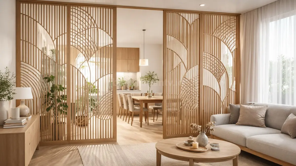 Sekat ruangan tanpa tembok model partisi kayu atau panel dekoratif.