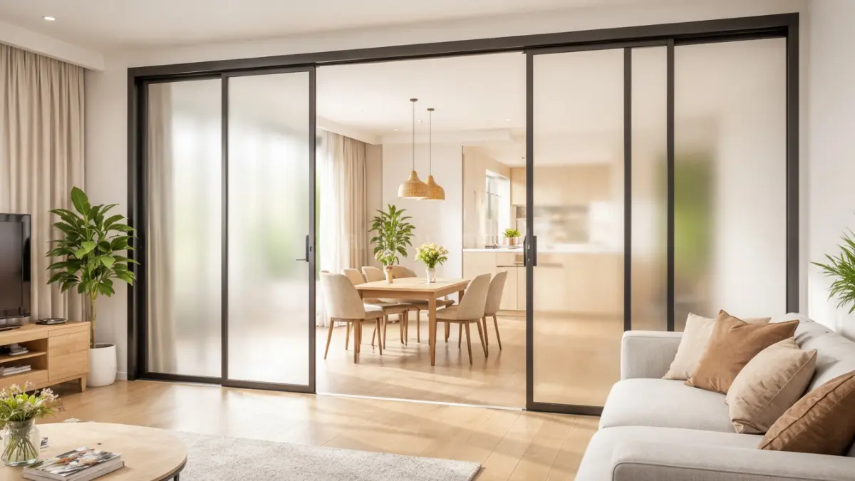 Sekat ruangan tanpa tembok model sliding door ringan.