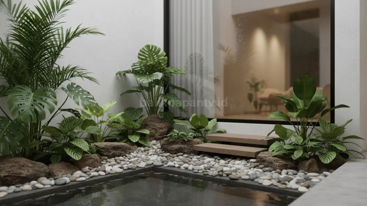 taman mini aestetik di sudut rumah dengan tanaman hijau dan batu dekoratif

