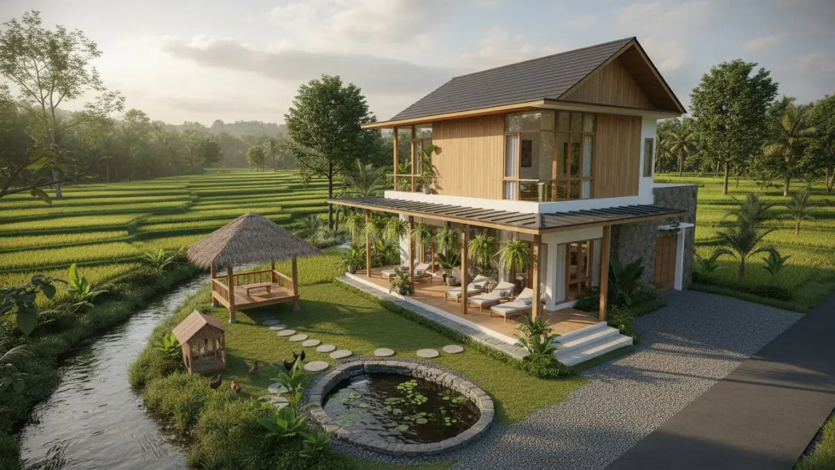 Tampilan rumah desa modern dengan ventilasi alami dan teras luas