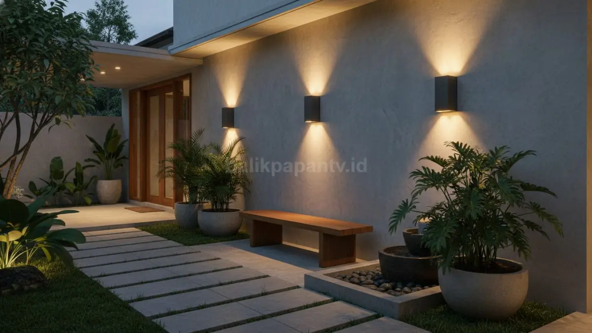 Tampilan rumah modern dengan lampu dinding outdoor minimalis yang elegan di malam hari