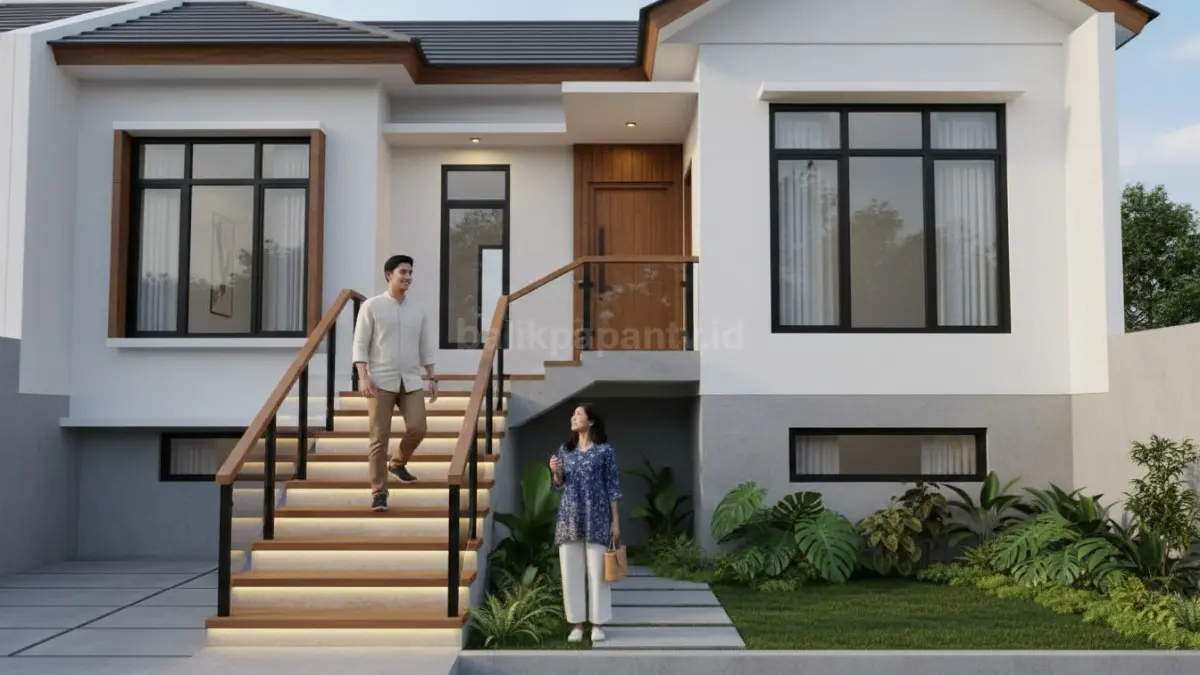 Tangga rumah modern ergonomis dengan pijakan lebar dan pencahayaan hangat