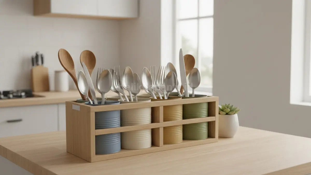 Tempat sendok dari kaleng bekas dengan desain modern di dapur minimalis
