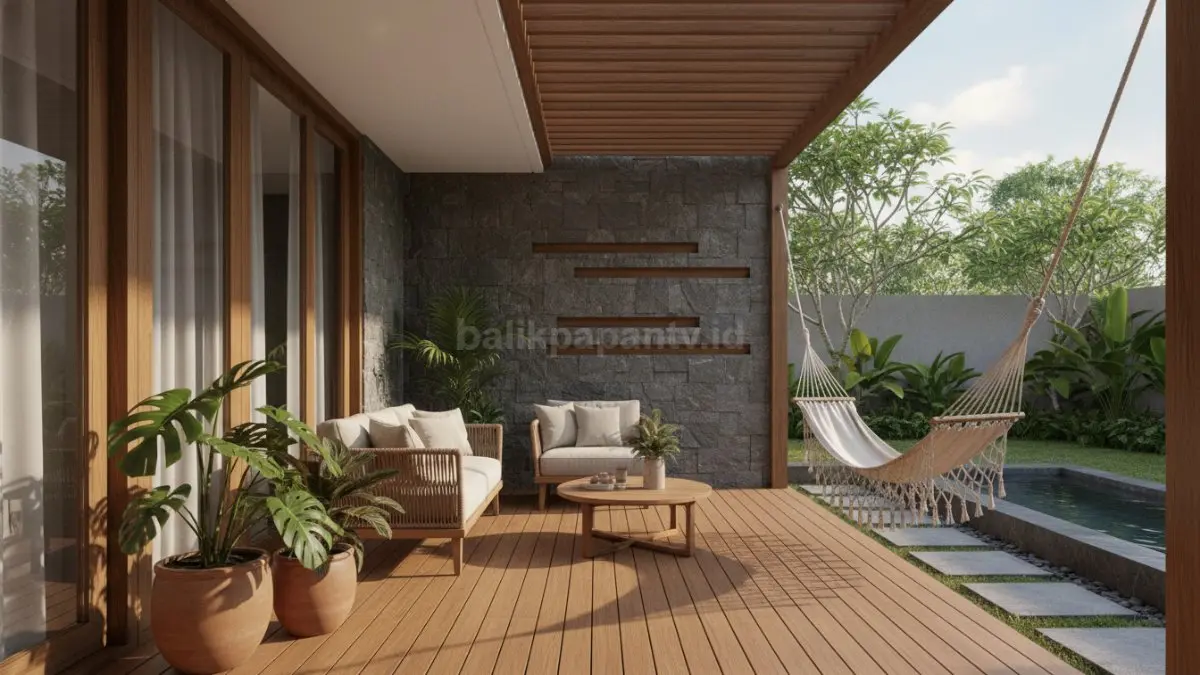 Teras dengan elemen kayu dan batu alam