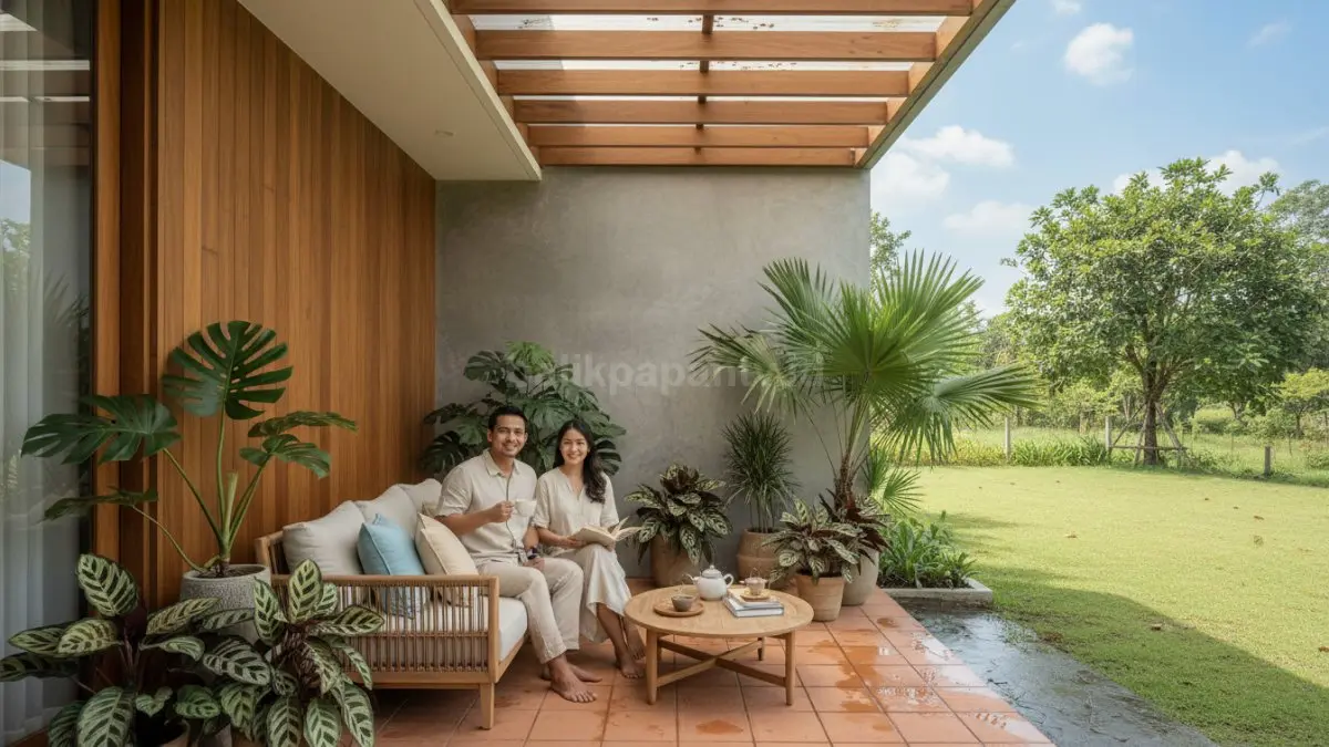 Teras rumah minimalis modern dengan kursi santai dan tanaman hijau