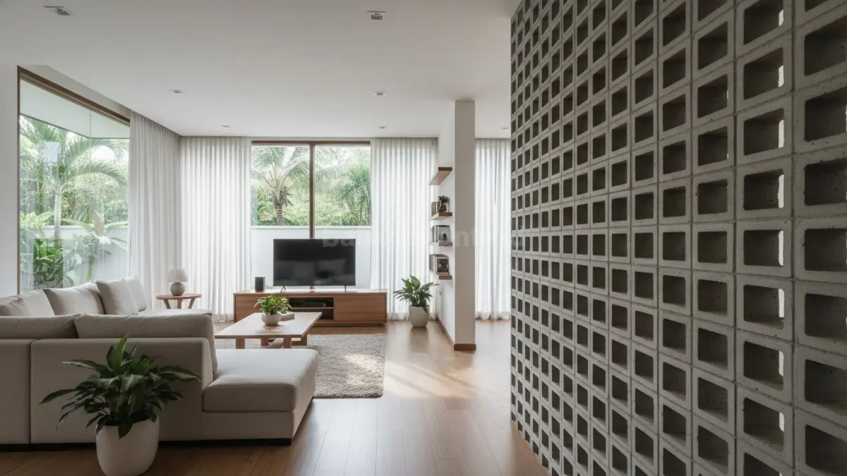 Interior rumah minimalis tipe 36–60 dengan dinding rooster sebagai pembatas antara ruang tamu dan ruang keluarga, terlihat ruang tetap terhubung secara visual dengan cahaya dan udara mengalir bebas, menciptakan kesan lega namun tetap memiliki batas antar ruang.