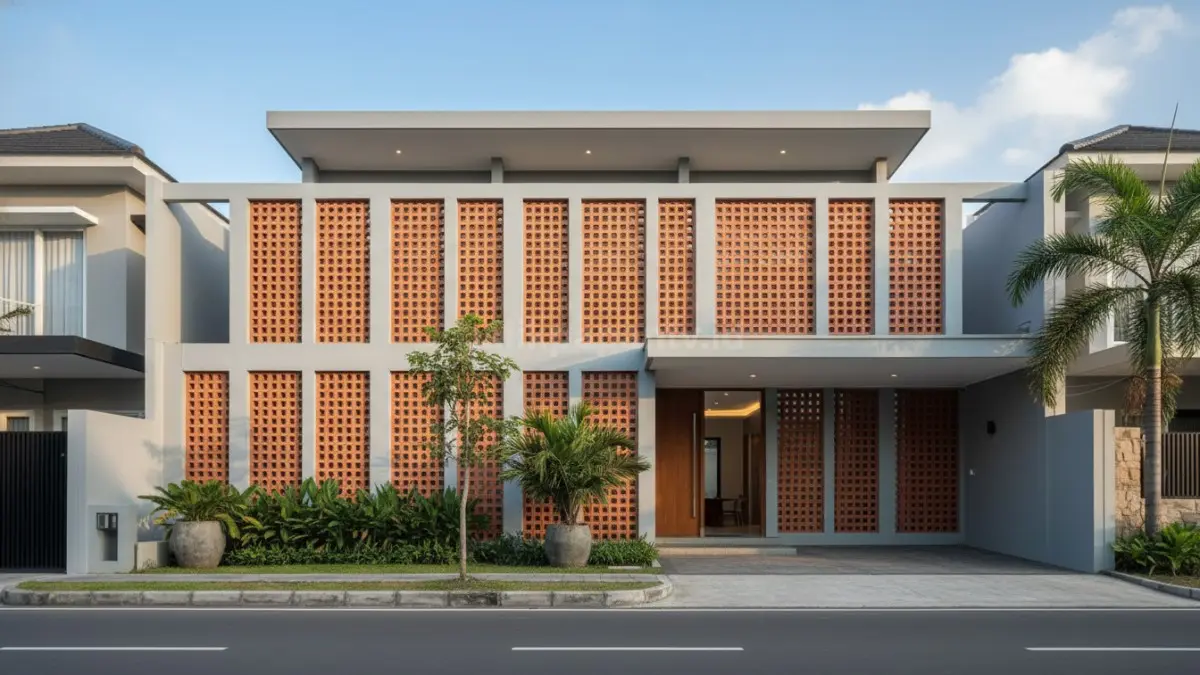 Tampilan fasad rumah minimalis menggunakan dinding rooster kombinasi beton atau terracotta, terlihat dari luar tampak tertutup dan solid, namun dari dalam cahaya alami tetap masuk dengan efek bayangan, menunjukkan fungsi sebagai pelindung privasi di area rumah dekat jalan raya.