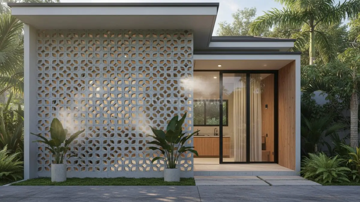 Area kamar mandi atau dapur dengan dinding rooster sebagai ventilasi alami, terlihat cahaya masuk dan uap udara keluar melalui pola lubang geometris, menciptakan ruang yang tetap terang, kering, dan memiliki desain yang menyatu dengan gaya rumah.