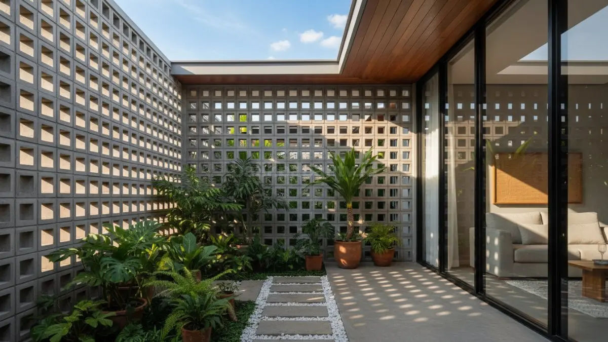 Area taman dalam rumah dengan dinding rooster yang membiarkan cahaya matahari masuk membentuk pola bayangan artistik, terlihat tanaman tumbuh segar dengan pencahayaan alami yang cukup tanpa paparan panas berlebih.