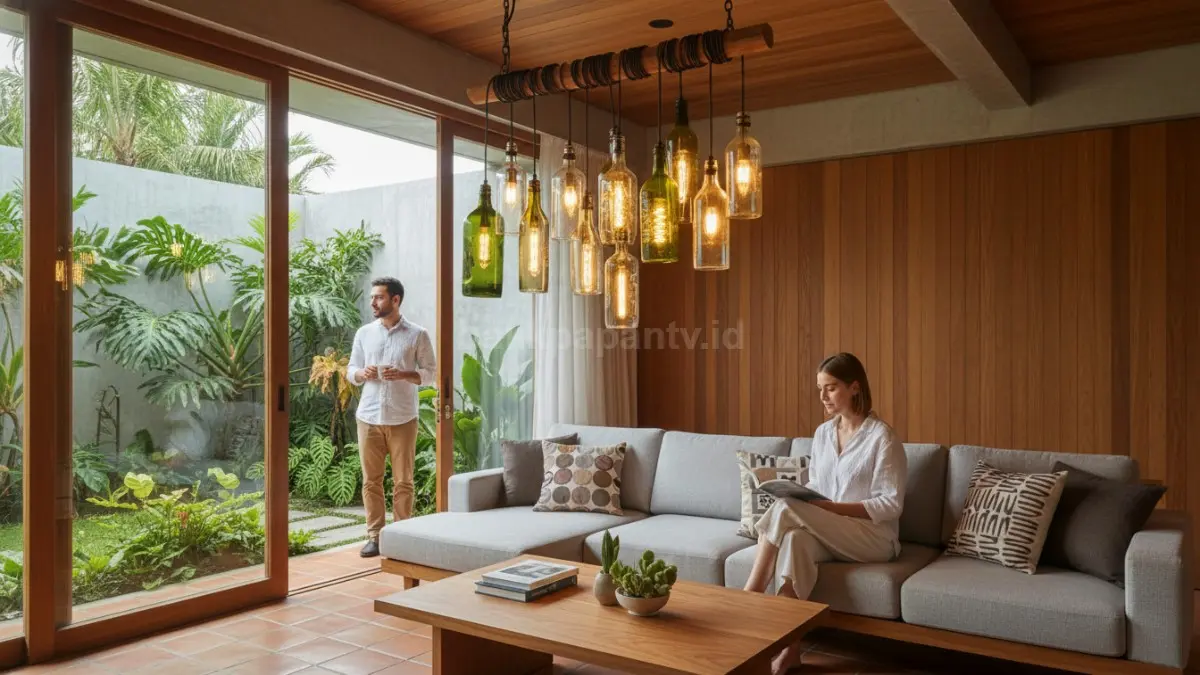 Botol kaca bekas dijadikan lampu dekorasi unik di ruang tamu modern