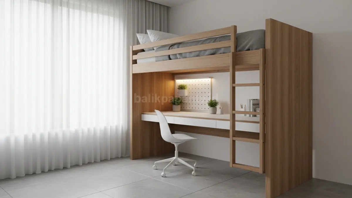 Bunk bed dengan area belajar di bawah
