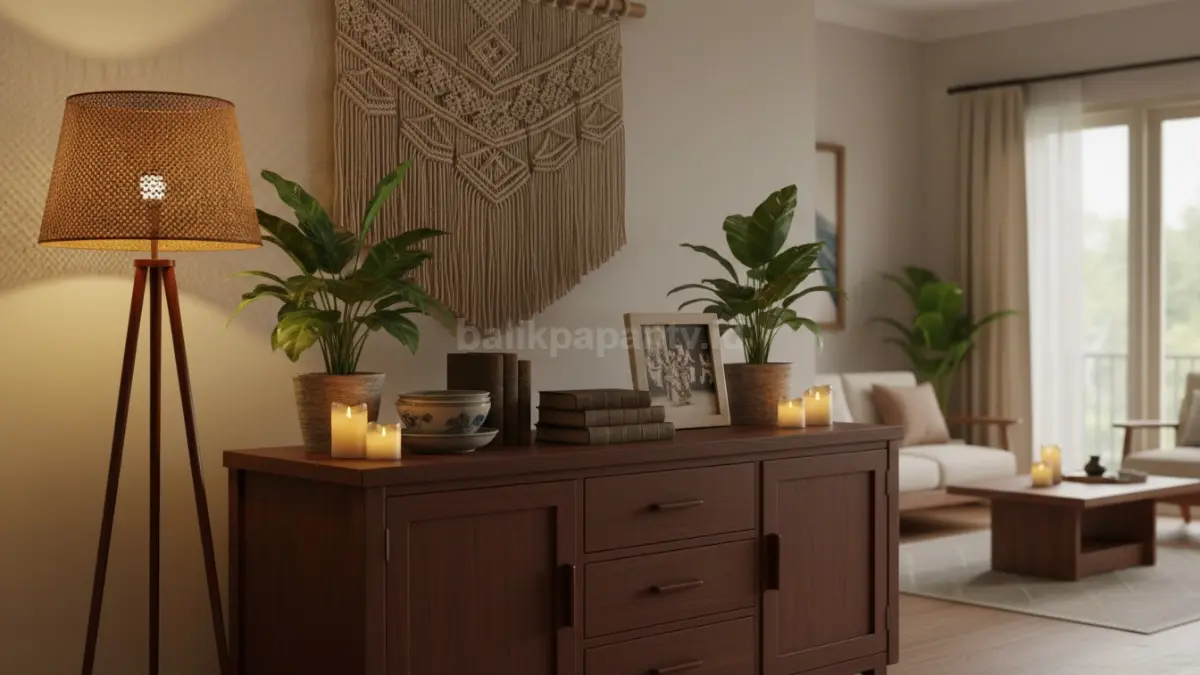 Credenza estetik dengan dekorasi personal dan pencahayaan hangat