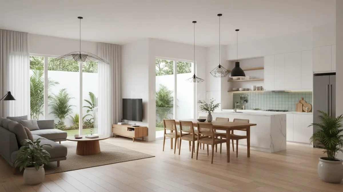 Dapur open plan minimalis menyatu ruang keluarga, terlihat luas dan modern