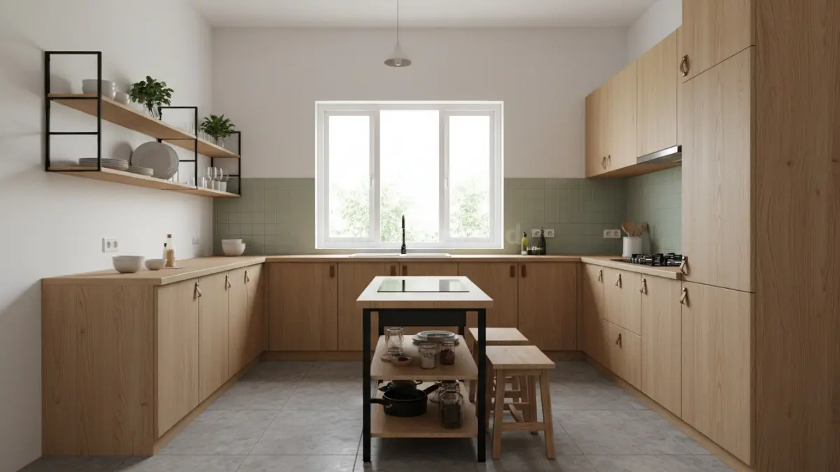 desain dapur minimalis modern dengan tata letak rapi dan pencahayaan alami