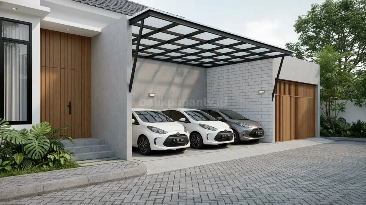 Desain garasi minimalis di rumah kecil dengan kanopi modern dan tata ruang efisien
