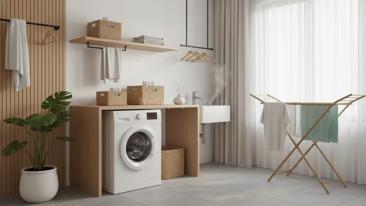 Desain laundry room minimalis dengan rak vertikal dan mesin cuci modern