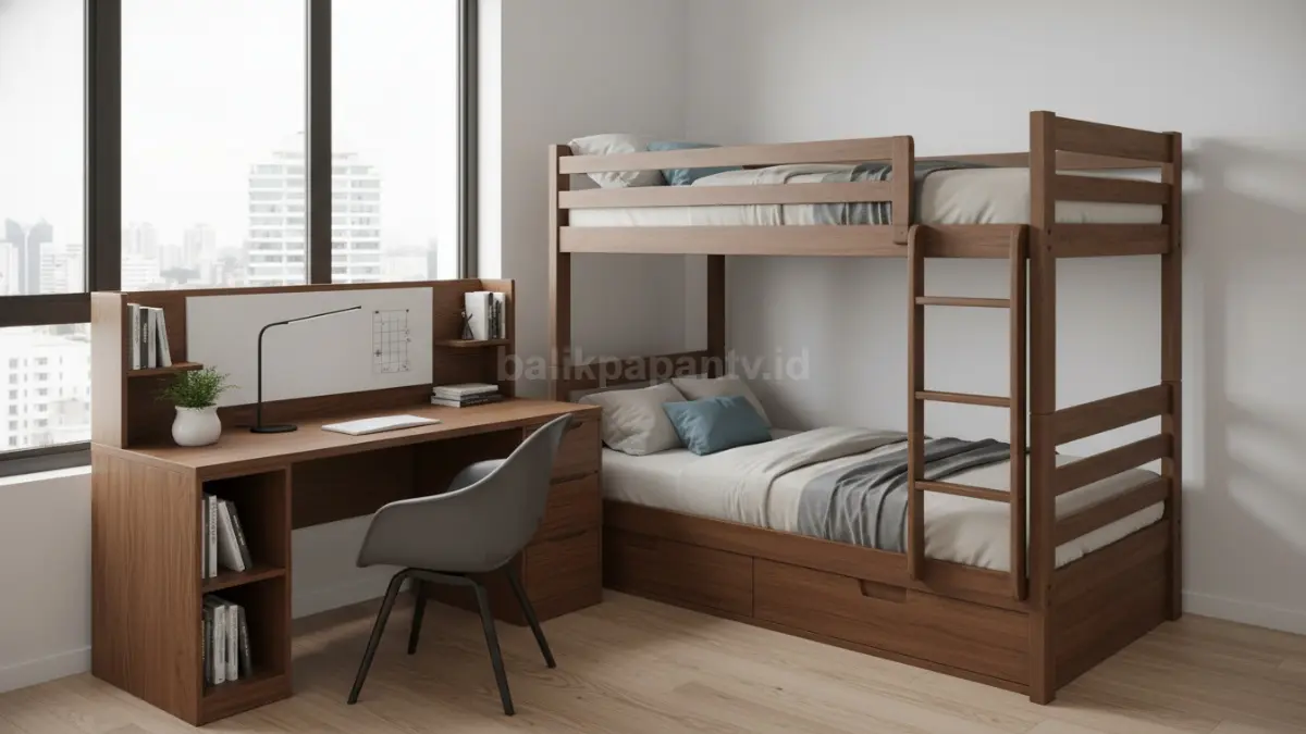 Desain tempat tidur dua tingkat dengan meja belajar multifungsi
