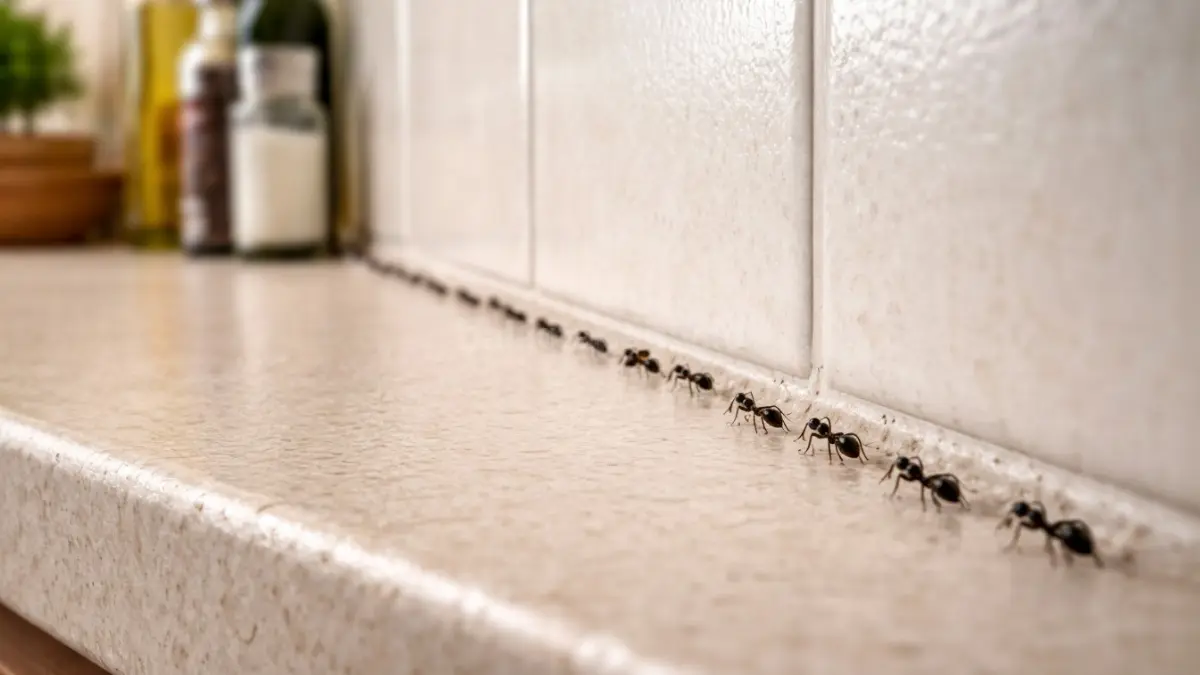 Ilustrasi barisan semut hitam di dapur rumah modern.