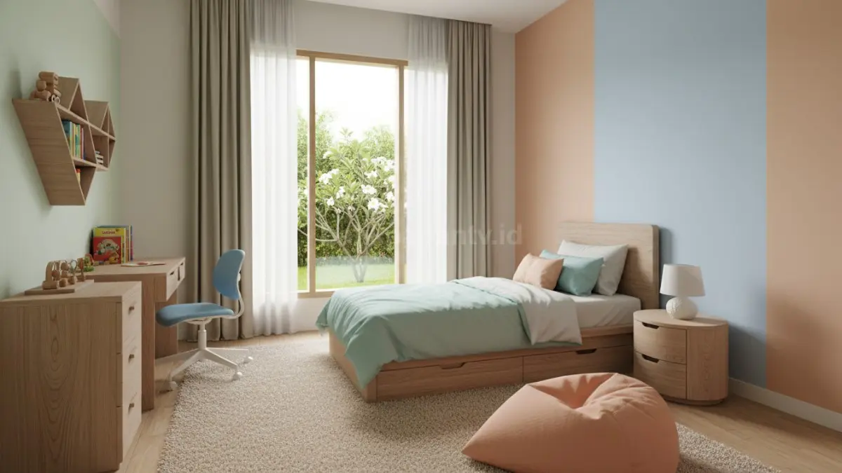 Ilustrasi kamar anak dengan dominasi warna pastel seperti mint, biru lembut, dan peach, menghadirkan suasana tenang, nyaman, serta mendukung fokus belajar anak.