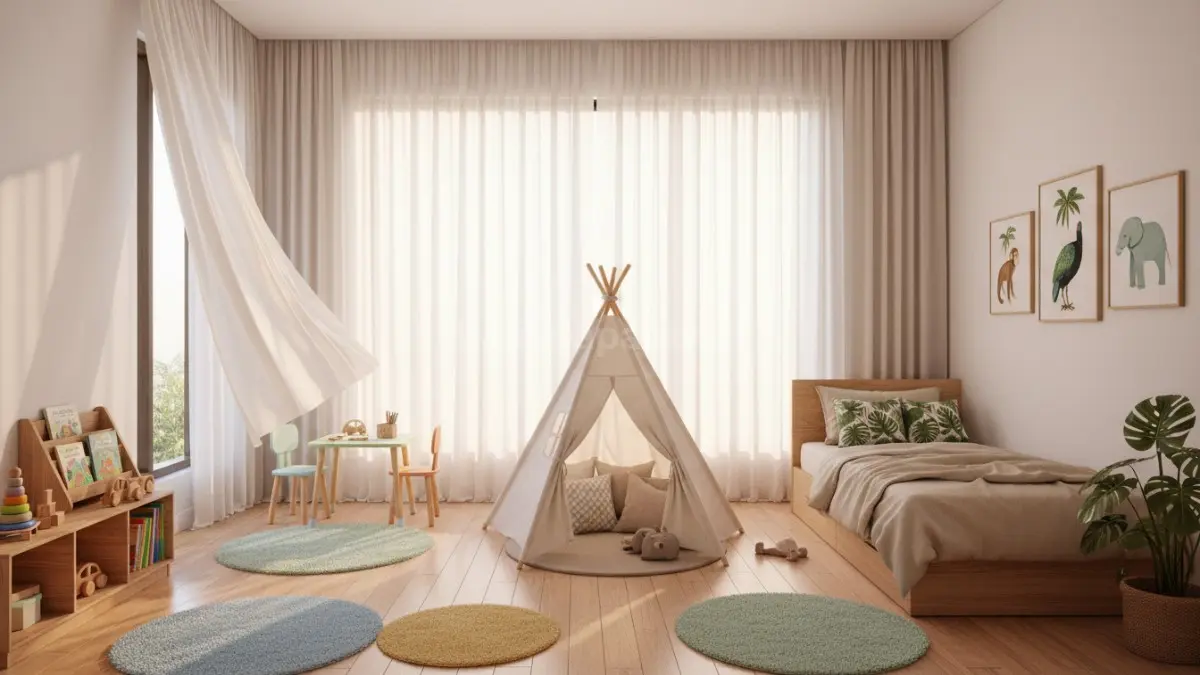 Ilustrasi kamar anak dengan jendela besar dan tirai tipis, cahaya matahari masuk lembut ke dalam ruangan, menciptakan suasana terang, sehat, dan nyaman untuk aktivitas anak.