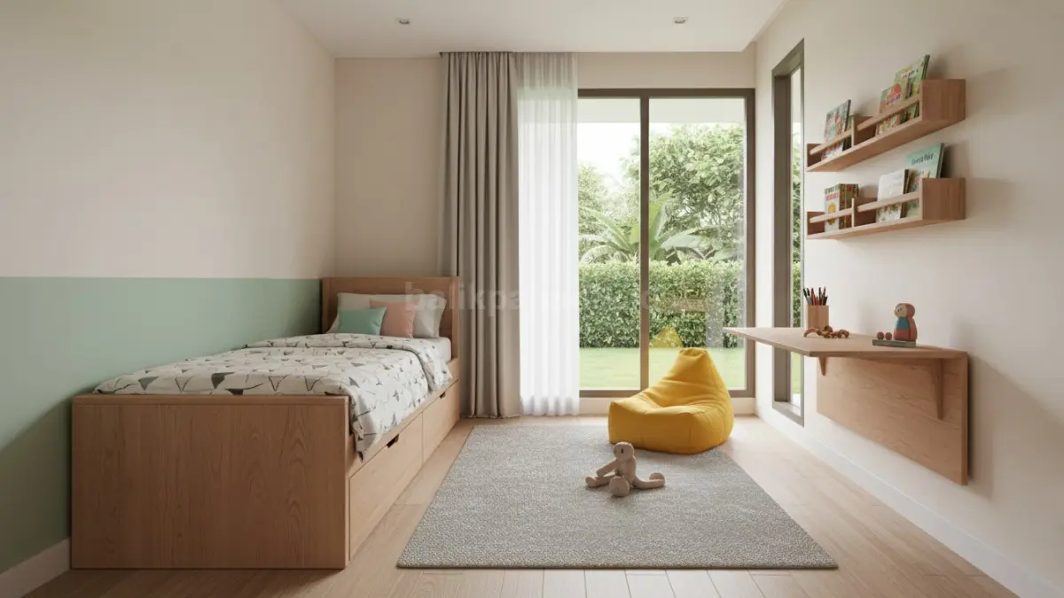 Ilustrasi kamar anak dengan tempat tidur berlaci di bagian bawah dan meja lipat di dinding, menampilkan ruang yang rapi, efisien, dan tetap nyaman digunakan sehari-hari.