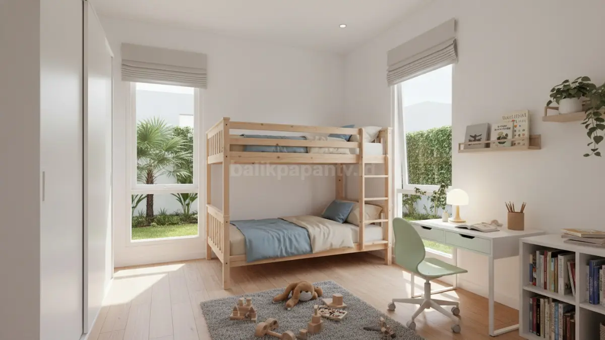 Ilustrasi kamar anak modern di rumah tipe 45 dengan pencahayaan alami, tata ruang lega, area belajar rapi, serta suasana nyaman yang mendukung aktivitas anak sehari-hari.