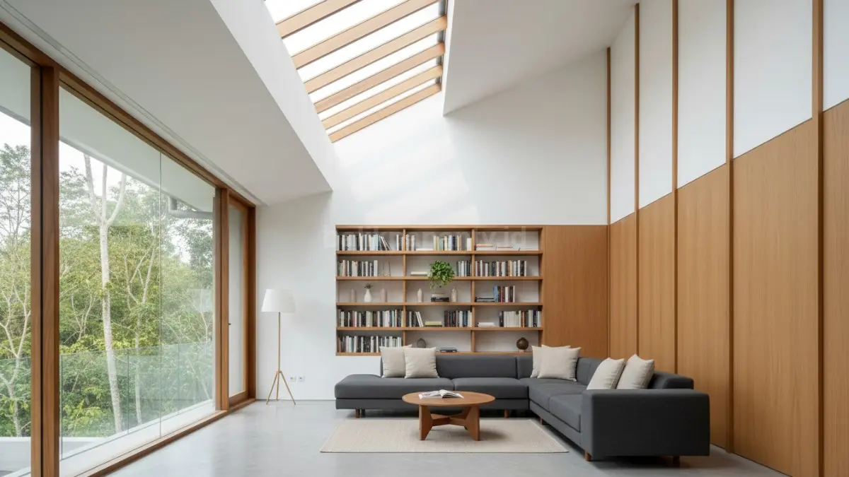Ilustrasi memperlihatkan ruang dalam rumah dengan jendela besar dan skylight yang memaksimalkan masuknya cahaya matahari ke seluruh area ruangan.