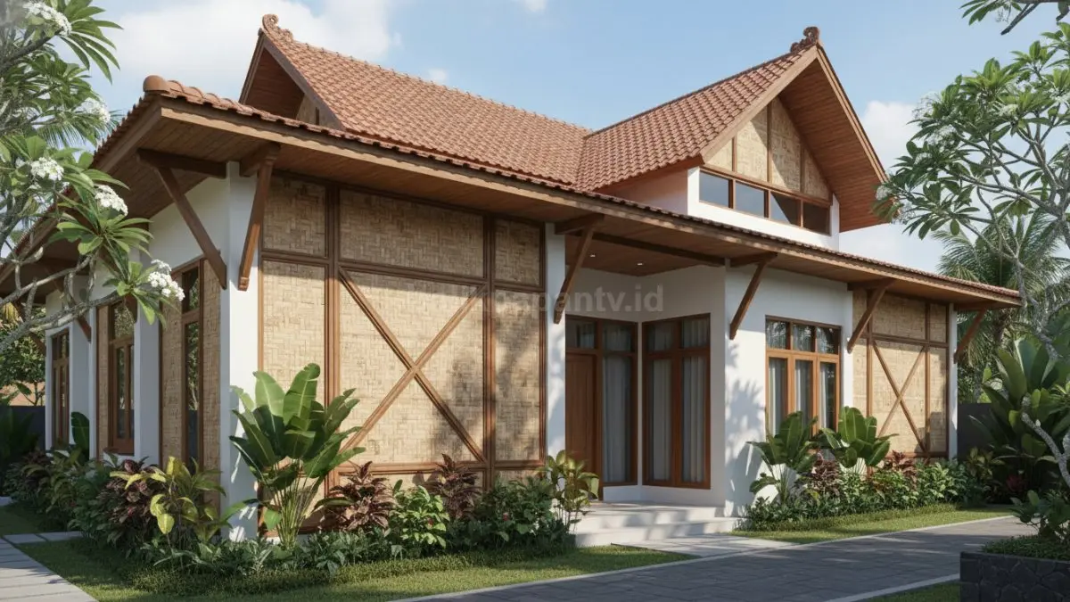 Ilustrasi rumah kampung modern dengan kombinasi tembok dan bambu di lingkungan tropis yang panas.
