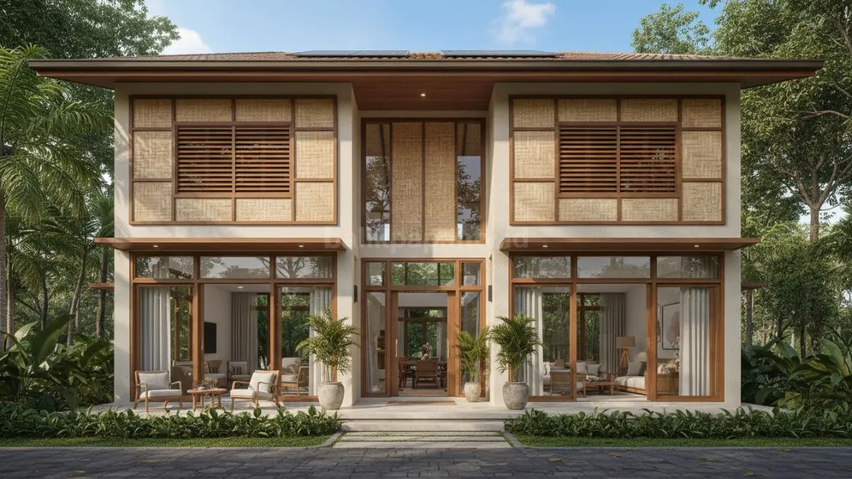 Ilustrasi rumah kampung modern di Balikpapan dengan kombinasi tembok dan anyaman bambu, menunjukkan sirkulasi udara alami, pencahayaan masuk, serta suasana rumah yang terasa sejuk tanpa pendingin ruangan.