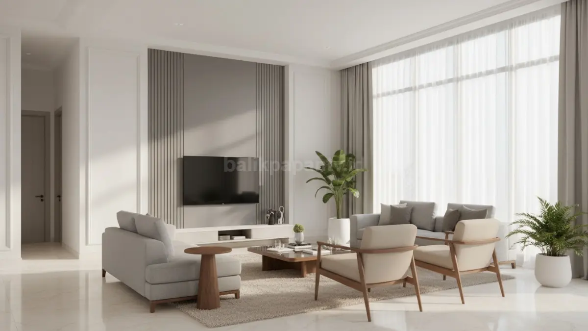 Interior ruang keluarga modern dengan dominasi warna putih, abu-abu, dan beige, terlihat cahaya alami memantul di dinding dan lantai sehingga ruang terasa lebih luas, serta furnitur yang menyatu harmonis dengan warna netral.