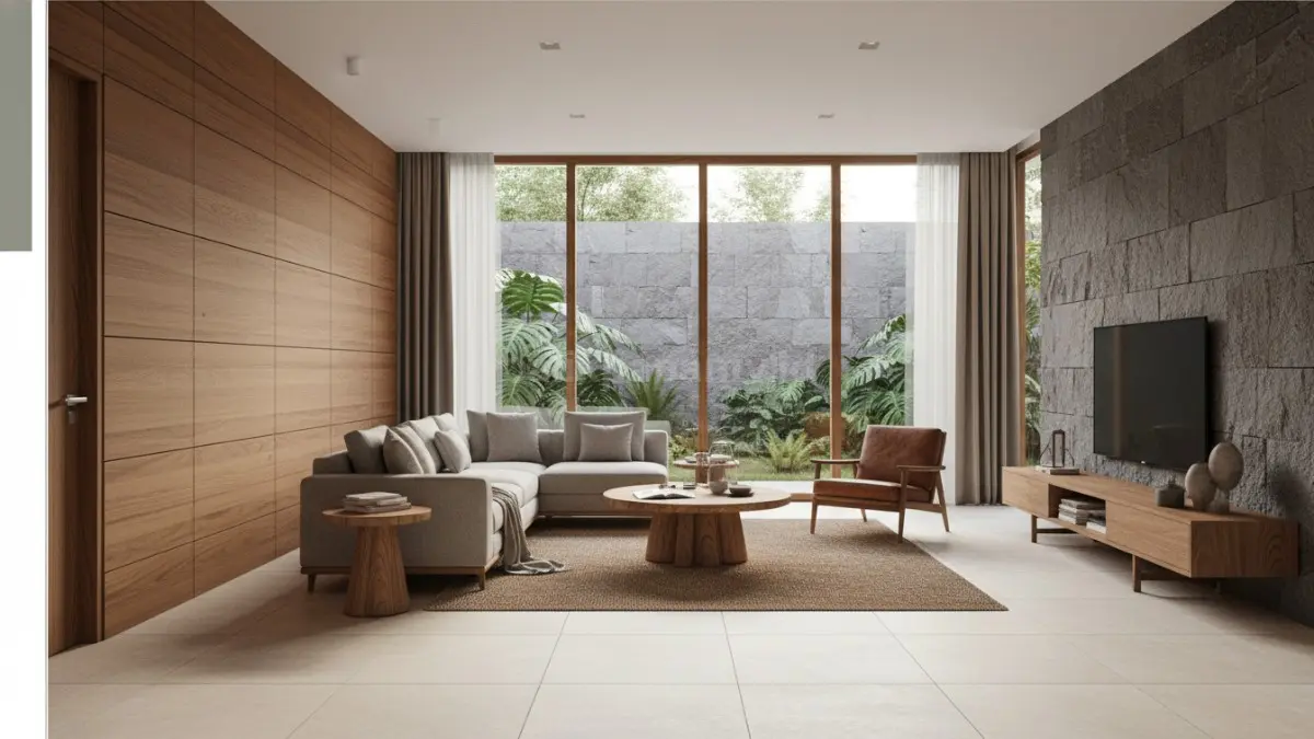 Interior rumah modern dengan penggunaan material kayu solid, batu alam, dan finishing matte pada lantai atau dinding, terlihat tekstur alami yang elegan dan tahan lama, menciptakan kesan sederhana namun berkelas.