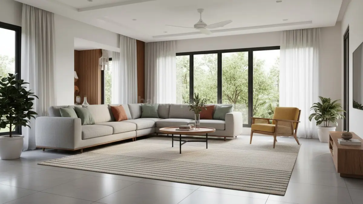 Interior ruang keluarga modern dengan lantai keramik yang dipadukan karpet minimalis berbahan katun atau wool ringan, memperlihatkan perbedaan tekstur dan kenyamanan, dengan suasana ruang yang terasa lebih hangat namun tetap sejuk di iklim tropis seperti Balikpapan.
