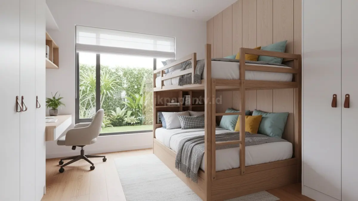 Kamar anak minimalis dengan tempat tidur dua tingkat estetik dan hemat ruang
