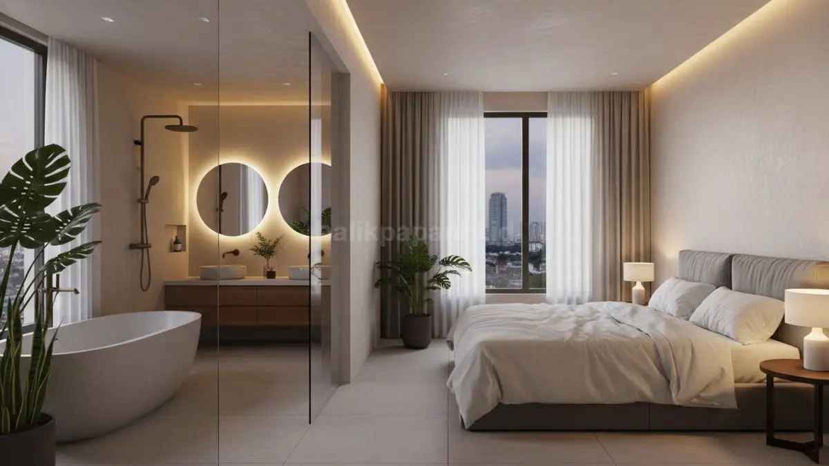 Kamar modern dengan kamar mandi dalam yang estetik dan nyaman
