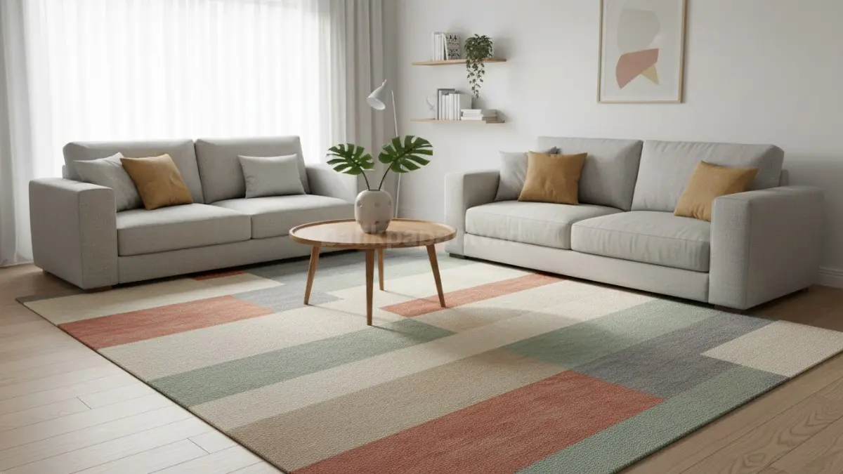 Karpet minimalis modern di ruang tamu kecil dengan desain estetik dan hangat