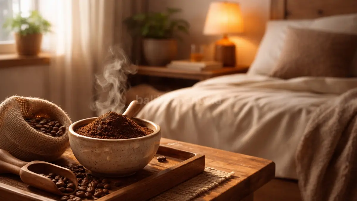 Kopi bubuk yang terletak dalam wadah kecil di sudut kamar sebagai pewangi alami.