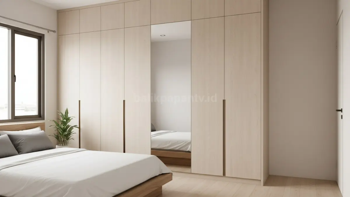 Lemari minimalis modern dengan desain built-in yang menyatu dinding, terlihat rapi dan hemat ruang