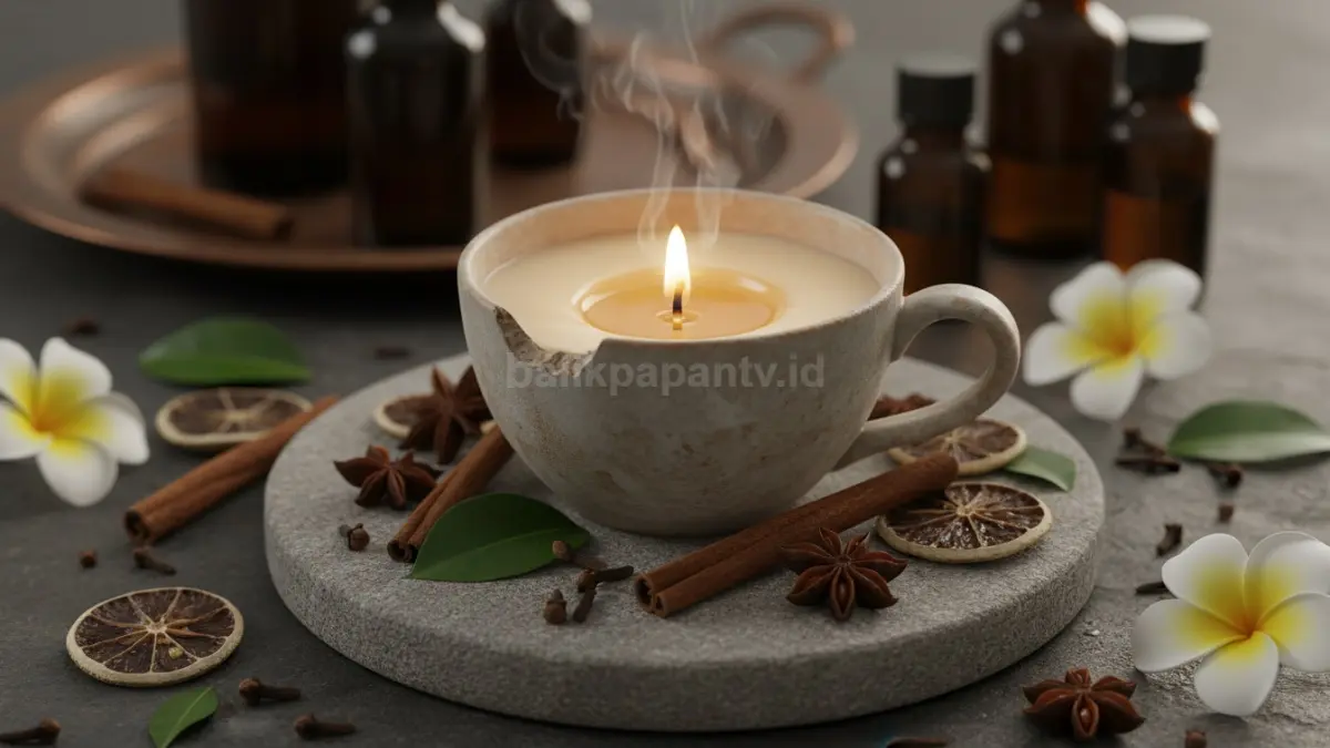 Lilin aromaterapi dalam cangkir bekas dengan tampilan estetik