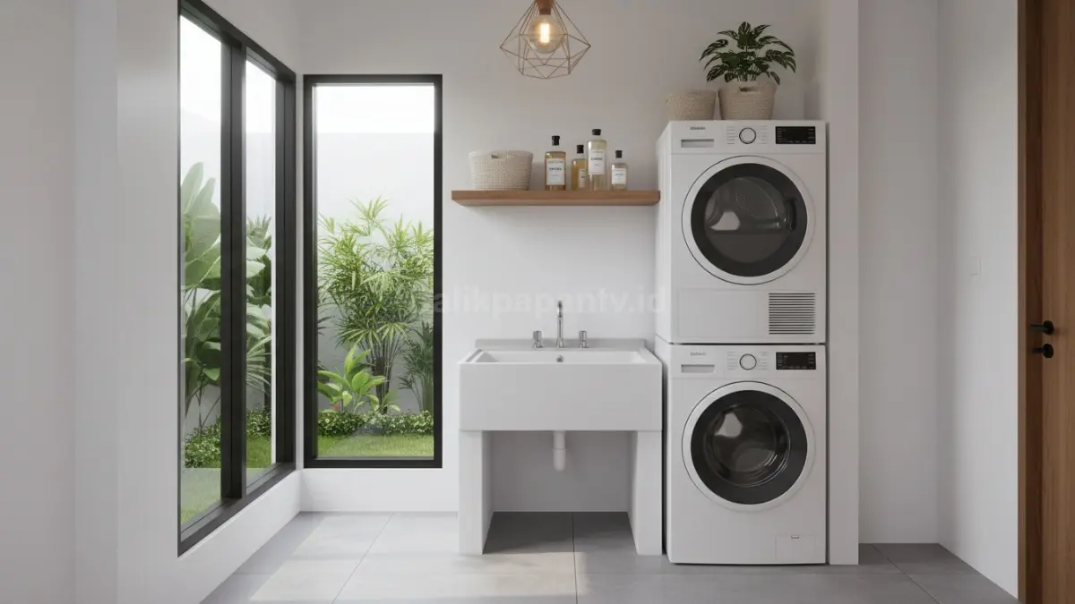Mesin cuci front loading ditumpuk dengan dryer